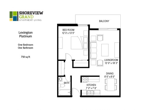 Floor plan for 1 bed, 1 bath, 750 sqft